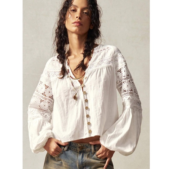 Cotton Bohemian Shirt White Crochet Lace Detailed V-Neck Long Lantern Sleeve - Picture 2 of 12